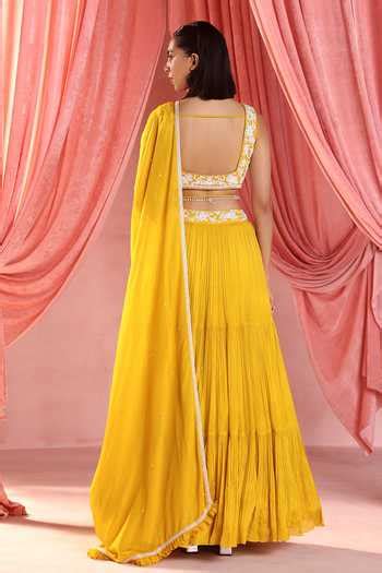 Buy Yellow Georgette, Satin Sequins, Rita Plumeria Embroidered Lehenga ...
