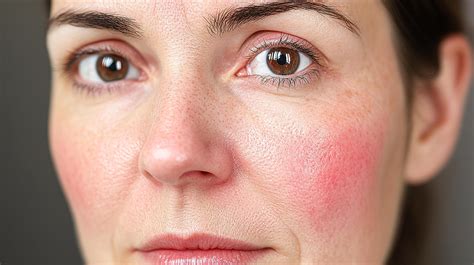Close-up of woman's face with redness on cheeks, capturing skin texture and detail, showcasing ...