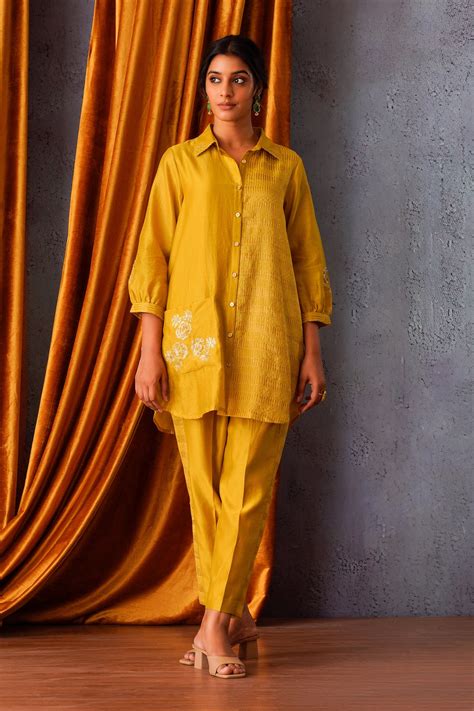 Lime-Green Button Down Co-ord Set with Side Pocket – OMI