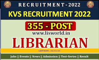 KVS librarian Recruitment 2022 - Post - 355 - Apply Online - LIS World