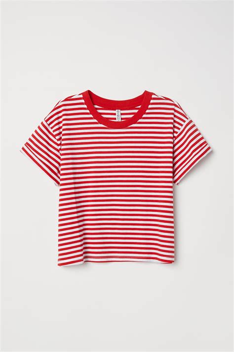 Cropped T-shirt - Red/White striped - Ladies | H&M IN