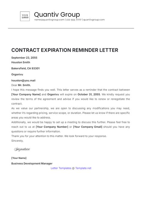 Free Contract Expiration Reminder Letter Template to Edit Online