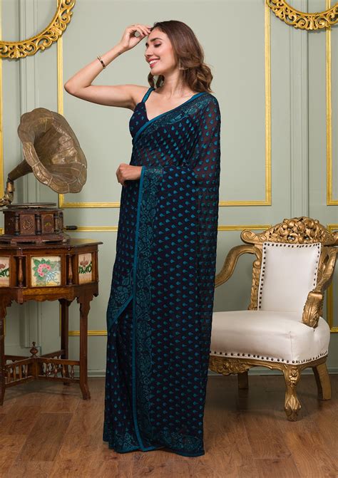 Buy Navy Blue Swarovski Georgette Saree - Koskii