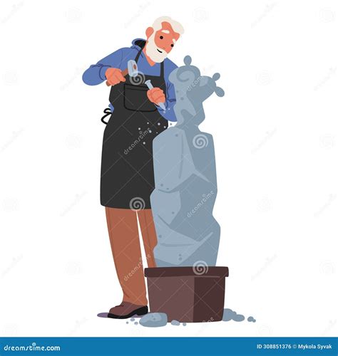 Senior Sculptor Male Character Molds and Shapes Stone To Create Three ...