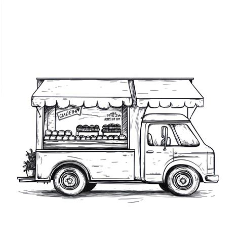 A drawing of a food truck with a sign that says the word on it ...
