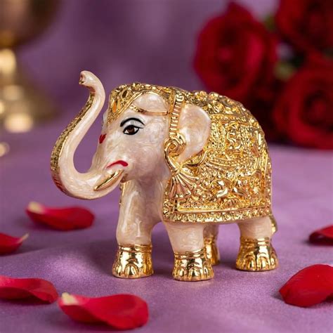 Buy House Of Wemy Gold Plated Pearl Enamel Trunk Up Elephant Idol ...