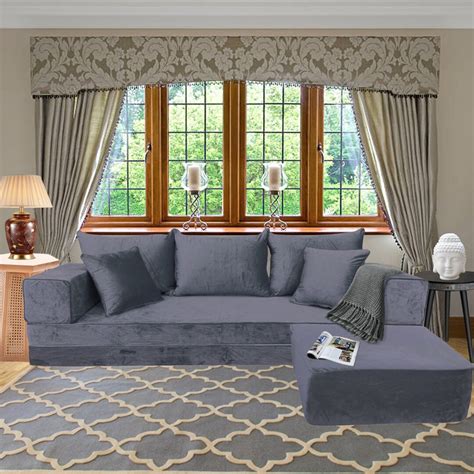 Three Seater Velvet Floor Sofa Set - Grey Bohemian Lounge Seating ...