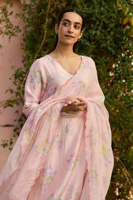 Buy Pink Handloom Cotton, Silk Embroidery Dawn Magnolia Floral Print ...