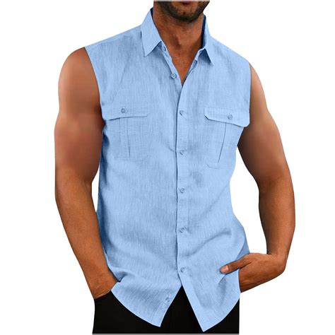 cllios Mens Sleeveless Button Down Shirts Linen Cotton Summer Beach ...