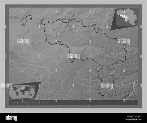 Hainaut, province of Belgium. Grayscale elevation map with lakes and rivers. Corner auxiliary ... - elevation map of belgium