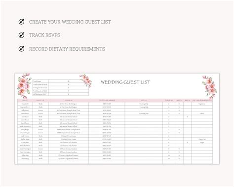 Wedding Guest List Excel Spreadsheet Pink Wedding Guest - Etsy