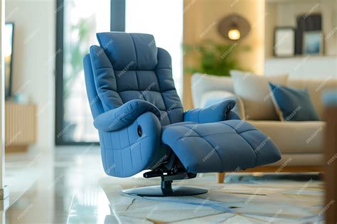 The luxurious living room features a modern blue recliner chair ...