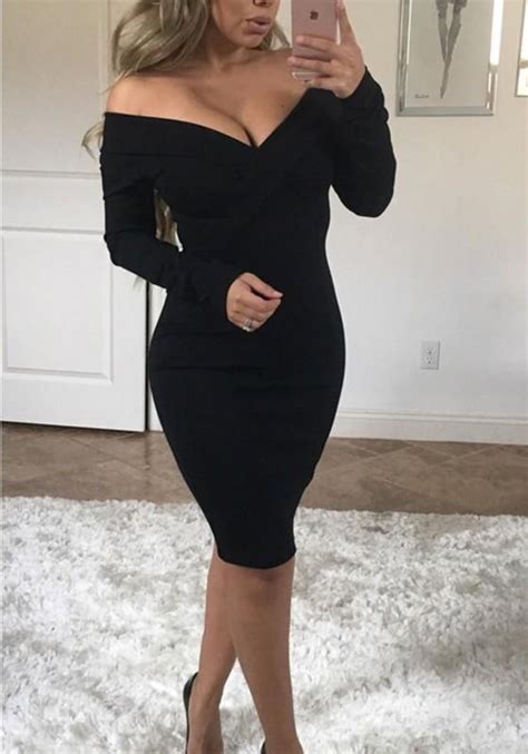 Black Boat Neck Long Sleeve Fashion Midi Dress | Black dress outfits ...