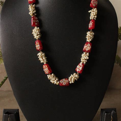 Meenakari Work Red Glass Beads and White Beads Adjustable Length Neckl ...