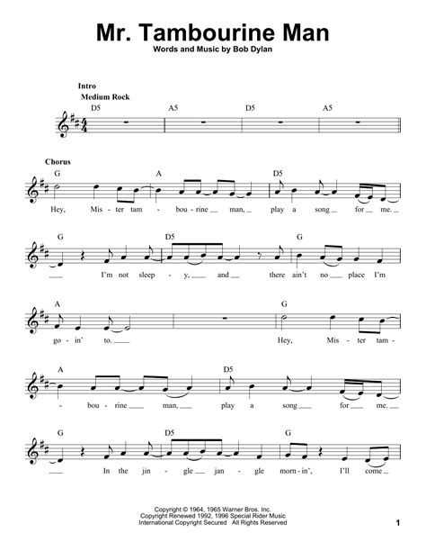 Mr. Tambourine Man sheet music by Bob Dylan (Voice – 190201)