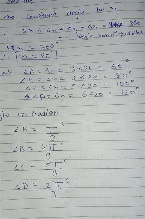 The measure of the angle of a quadrilateral are in the ratio 2:3:7:6 ...