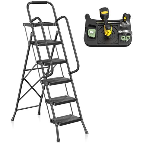 JOZ Portable Folding 5-Step Ladder with Handrails, Tool Tray, and Anti ...