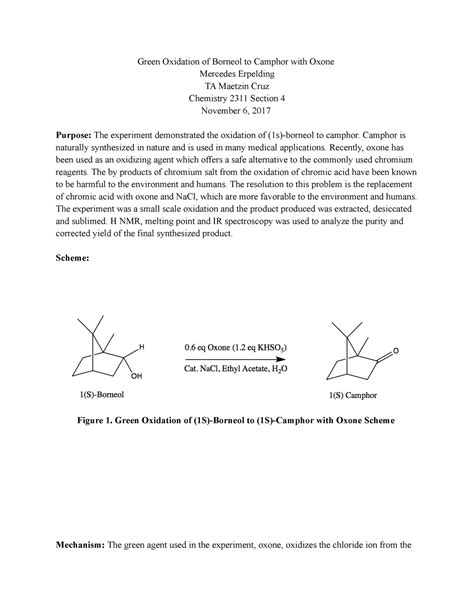 Green Oxidation of Borneol to Camphor using Oxone - Camphor is naturally synthesized in nature ...