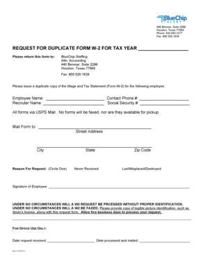 Fillable Online bluechipstaffing Request for duplicate form w-2 for tax ...