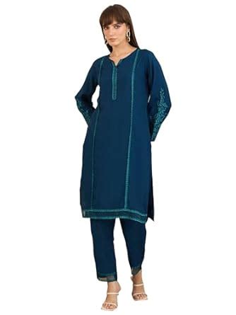 Buy INDO ERA Women's Teal Embroidered Silk Blend Straight Kurta & Pant ...