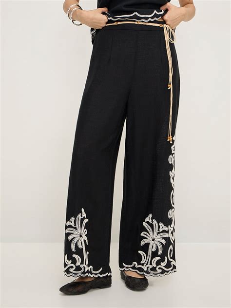 Buy LOV Black Crochet-Detailed Wide-Leg High-Rise Pants from Westside