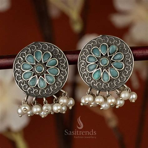 Floral Oxidised Silver-Look Earrings with Pearls - Ethnic Chic – Sasitrends