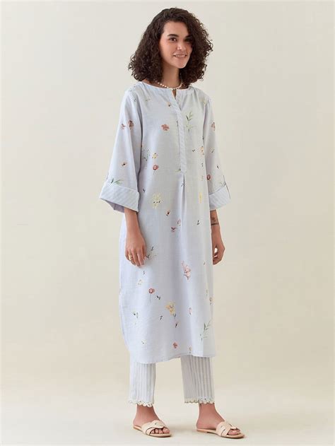 Buy Lavender Printed Cotton Linen Kurta | ANAN2123/ART33JULY | The loom