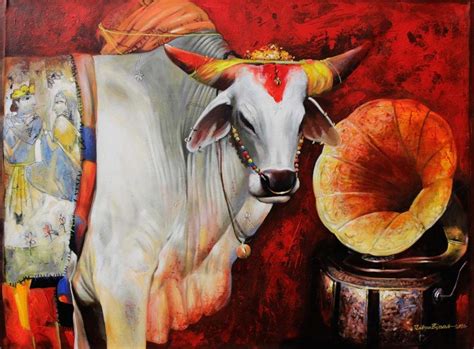 "Cow 3": Red Acrylic Painting (36x48) by Jiban Biswas | ArtZolo.com