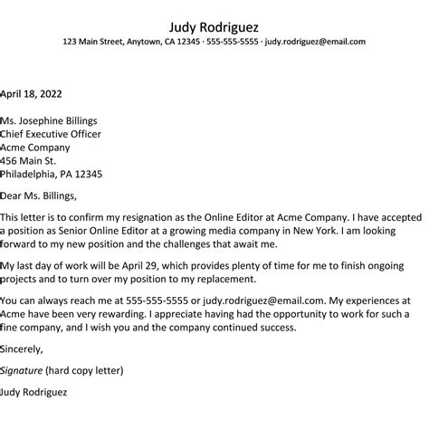 Sample Resignation Letter To Employer Immediate