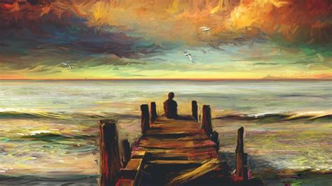 Lonely Boy At Sea Watching Sunset Oil Painting Poster Paper Print - Art ...