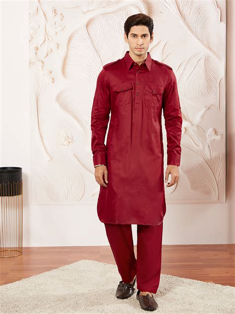 Men's Maroon Cotton Pathani Suit Set – vastramay