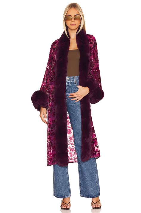 Adrienne Landau Burnout Velvet Faux Fur Coat in Berry | REVOLVE