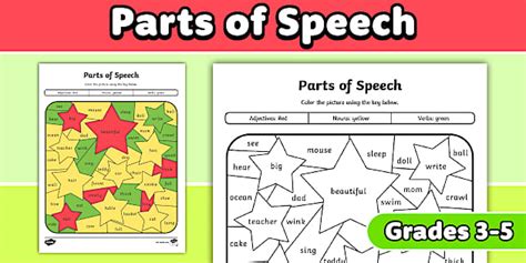 Parts of Speech Coloring Worksheet for 3rd-5th Grade