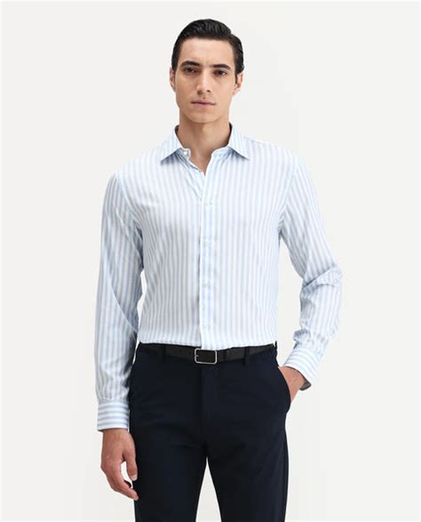 Buy Bari - Light Blue Regular Fit Striped Print Shirt| Rare Rabbit