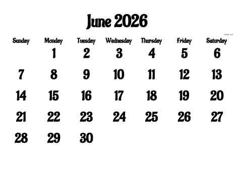 ᐅ June 2026 Calendar | Free Printable PDF, XLS and PNG
