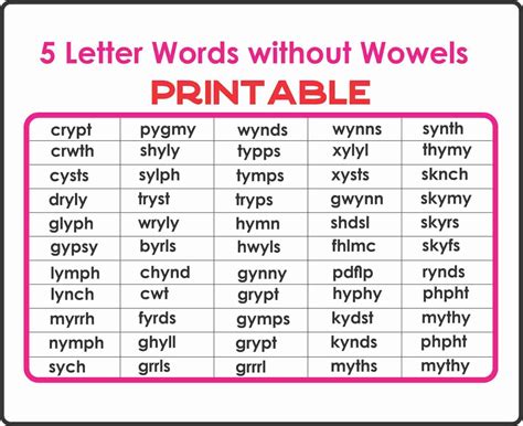 5 letter words with no vowels- Printable | Montessoriseries