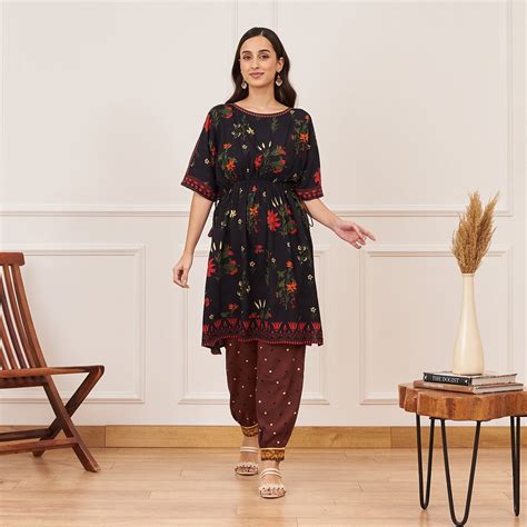 Buy Black Floral Drawstring Kurta Salwar Co-ord Set | Rustorange