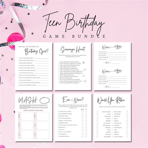 Birthday games for her teen sweet sixteen 16th printable bday slumber ...