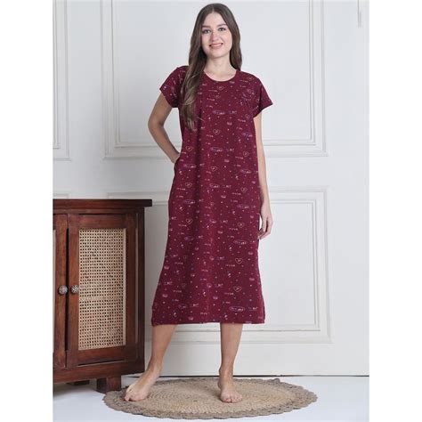 Buy Secret Wish Women Maroon Printed Nighty Online