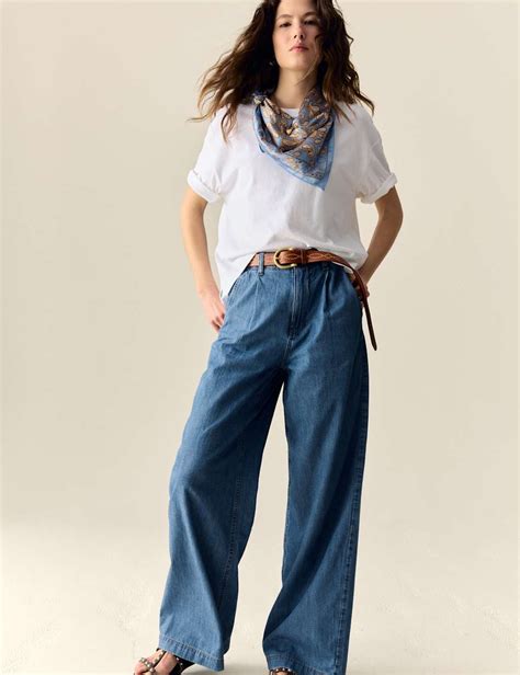 Denim High Waisted Pleat Front Wide Leg Jeans | Per Una | M&S
