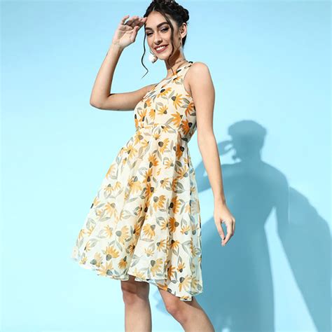 todayztrending - Yellow & White Floral One Shoulder Dress