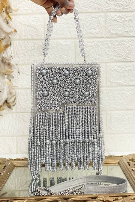 Buy Grey Beads, Tassels, Embroidery Mother Of Pearl Embellished Clutch ...