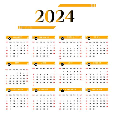 黄色と黒の 2024 年年間カレンダー ベクターイラスト画像とPNGフリー素材透過の無料ダウンロード - Pngtree