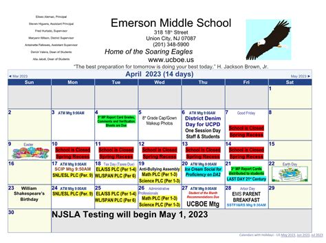 April Calendar | Emerson Middle School