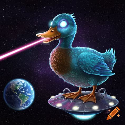 A large blue duck on a UFO shooting a laser at Earth in space. on Craiyon