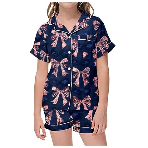 Teen Girls Silk Pajamas Set Bow Printed Button Down Tops With Shorts ...
