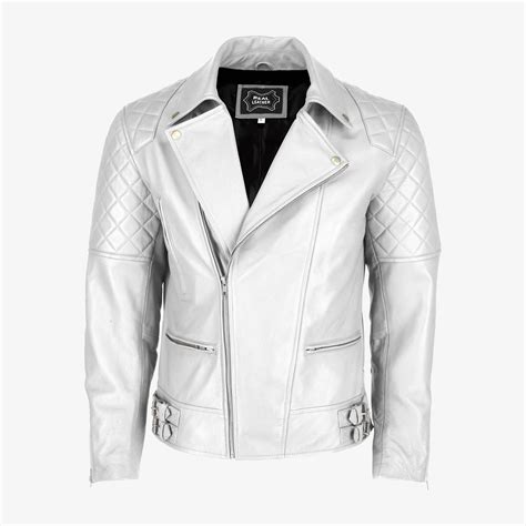 Mens Diamond Quilted White Leather Jacket - MinhadoStore