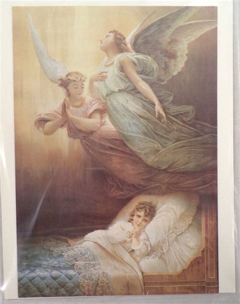 Victorian Lithograph Print Picture Angel Over A Bed With Girl Praying 5