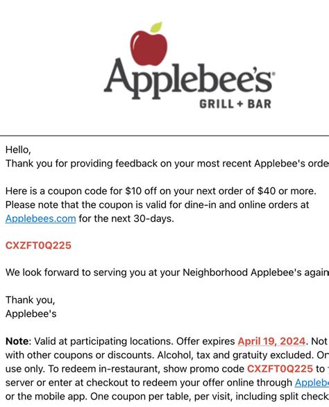 Applebees $10 off $40 : r/coupons