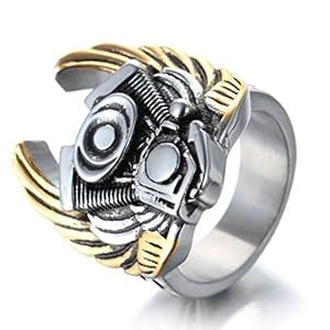Oakky Men's Stainless Steel Biker Ring Punk Rock Motorcycle Engine with ...